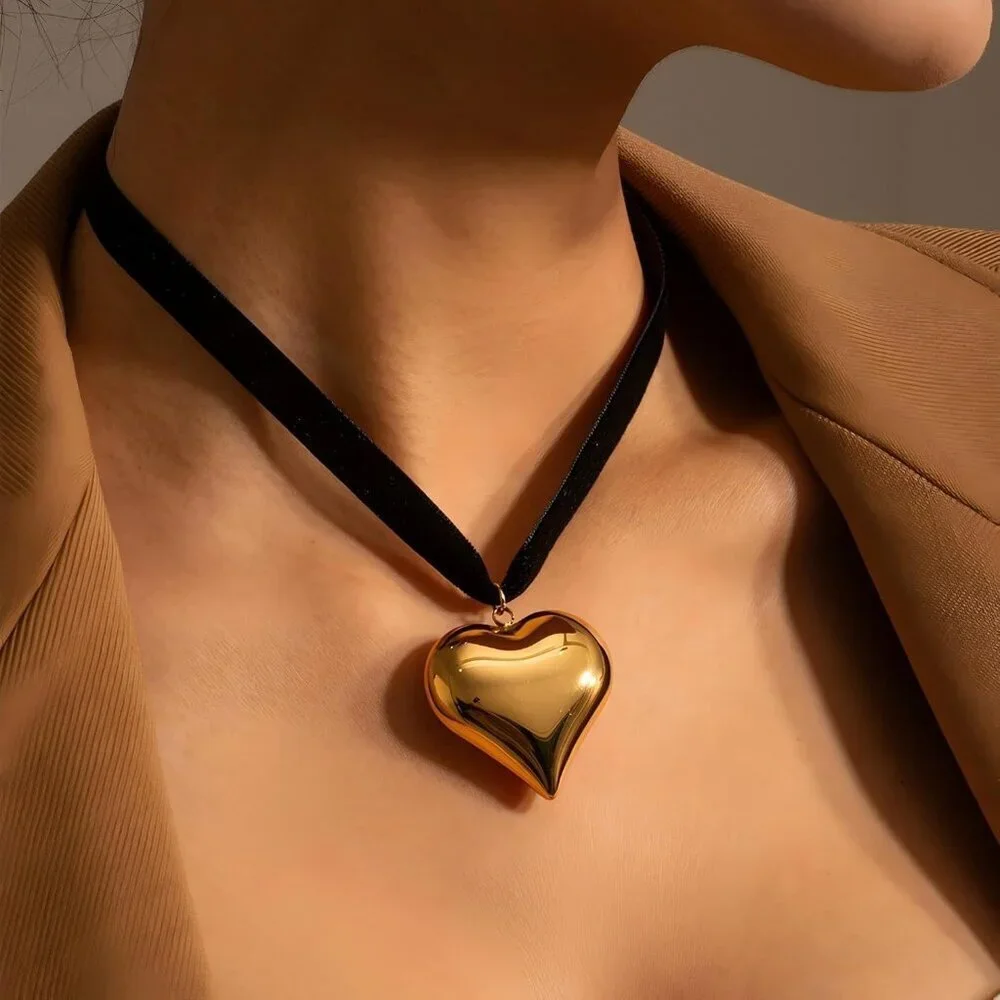 18K Gold/Silver Black Cord Heart Cross Choker Necklace Hypoallergenic Vibrant